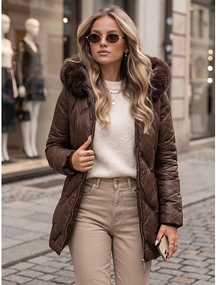 Dámska zimná prešívaná bunda LOVEINSIDE s kožušinou, hnedá, FashionStreet TY5052