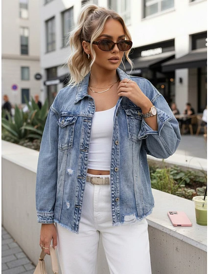 Dámska džínsová bunda s odrením modrá FashionStreet TY5687 Dámska džínsová bunda s odrením modrá FashionStreet TY5687