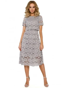 M405 Čipkové midi šaty s výstrihom - šedé