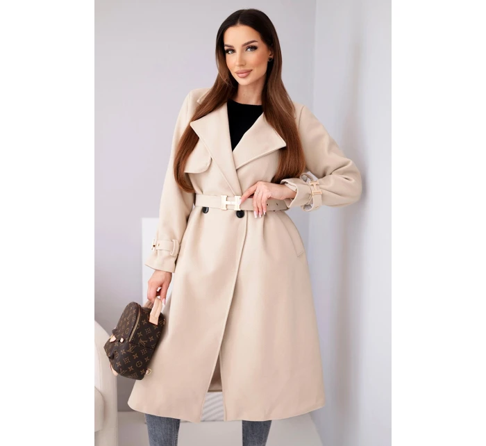 Dámský kabát s páskem a zlatými přezkami béžový Dámský kabát s páskem a zlatými přezkami béžový