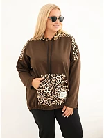 Dámska mikina Plus Size z viskózy s kapucňou a leopardovými vsadkami, hnedá Dámska mikina Plus Size z viskózy s kapucňou a leopardovými vsadkami, hnedá
