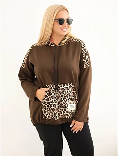 Dámska mikina Plus Size z viskózy s kapucňou a leopardovými vsadkami, hnedá