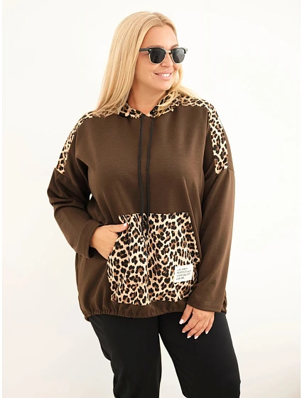 Dámska mikina Plus Size z viskózy s kapucňou a leopardovými vsadkami, hnedá Dámska mikina Plus Size z viskózy s kapucňou a leopardovými vsadkami, hnedá