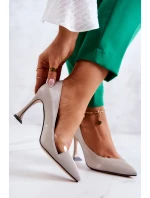 Modne Skórzane Szpilki Jasnoszare Tamira