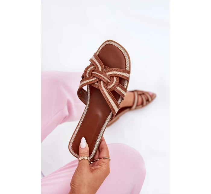 Klapki Damskie Płaskie Z Przeplatającymi Się Paskami Brązowe Acimine Klapki Damskie Płaskie Z Przeplatającymi Się Paskami Brązowe Acimine