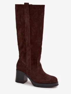 Dámske zateplené čižmy na pevnom stĺpcovom podpätku Sanelle - čokoládové