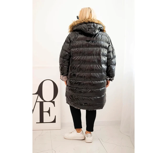 Dámská bunda Plus Size s kapucí a kožešinou černá