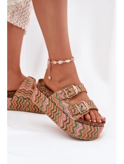 Klapki Damskie Na Masywnej Platformie Z Plecionką I Klamrami Multikolor Eradriana