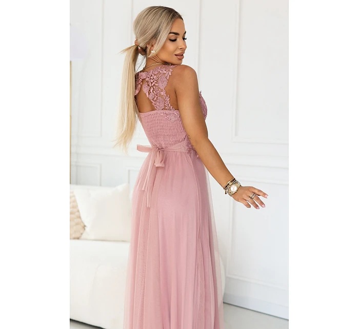 maxi šaty s krajkou a  pudrově růžové model 22122101 - numoco basic