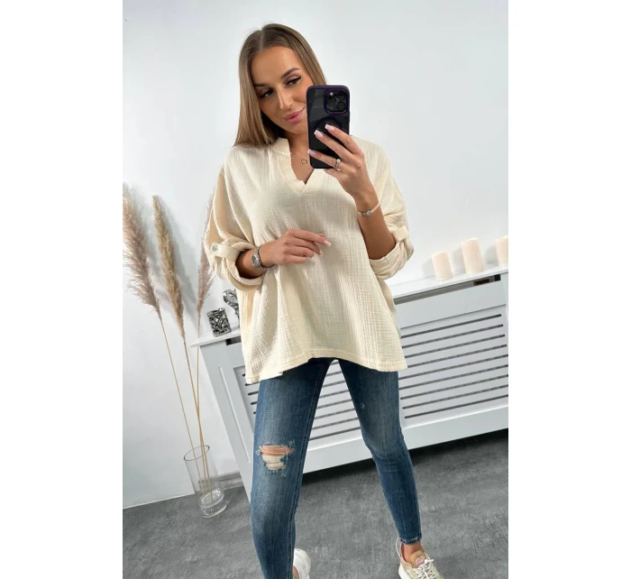 Mušelínová blúzka s vyhrnutými rukávmi svetlo béžová