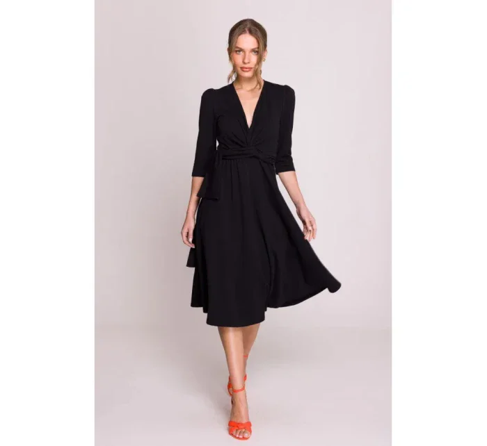 S404 Pletené šaty s opaskom na zaväzovanie - čierne S404 Pletené šaty s opaskom na zaväzovanie - čierne