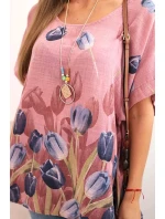 Dámske bavlnené tričko s kvetinovým vzorom tmavoružové