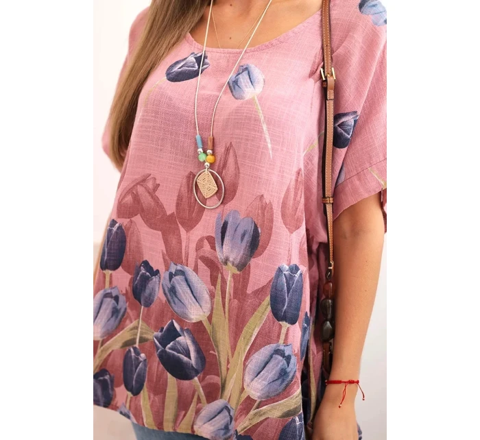 Dámske bavlnené tričko s kvetinovým vzorom tmavoružové