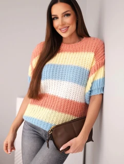 Dámsky sveter s krátkymi rukávmi s farebnými pruhmi a otvoreným pletením do ruda