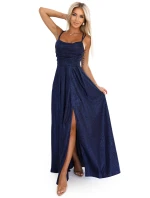 589-2 Dlhé šaty s jemnými trblietkami a korzetovým viazaním vzadu - tmavomodré s trblietkami