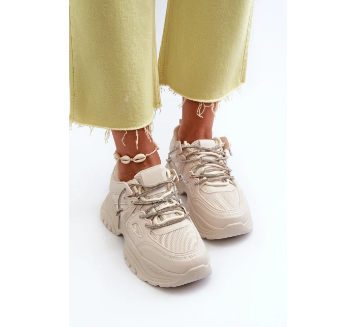 Sneakersy Damskie Na Masywnej Podeszwie Z Ozdobnym Sznurowaniem Beżowe Relissa Sneakersy Damskie Na Masywnej Podeszwie Z Ozdobnym Sznurowaniem Beżowe Relissa