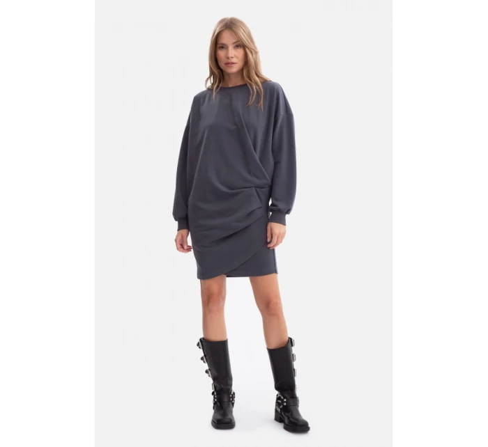 B298 Pletené šaty s bočnými záhybmi - oceľové