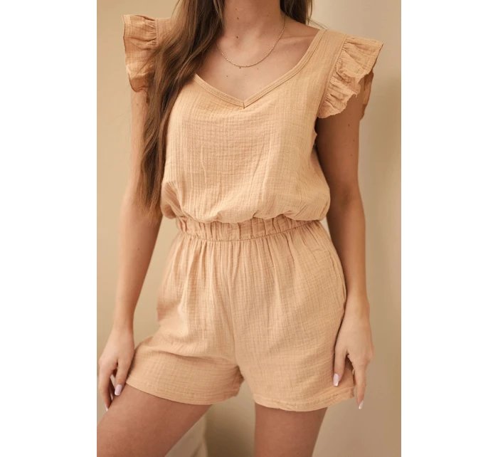 Dámský bavlněný overal bez rukávů s vázáním v pase ecru Dámský bavlněný overal bez rukávů s vázáním v pase ecru