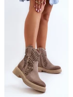 Zazoo 3470 Zamszowe Botki Damskie Na Płaskim Obcasie Ażurowe Cappuccino