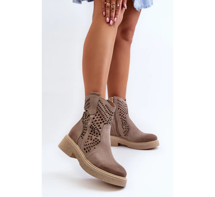 Zazoo 3470 Zamszowe Botki Damskie Na Płaskim Obcasie Ażurowe Cappuccino
