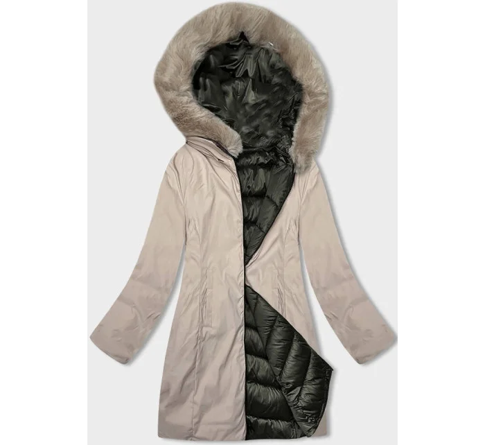 Dámska obojstranná zimná bunda s kapucňou khaki-béžová (B8202-11046)
