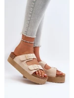 Damskie Klapki Na Platformie Z Klamrami Beżowe Lolpey