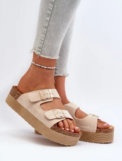Damskie Klapki Na Platformie Z Klamrami Beżowe Lolpey