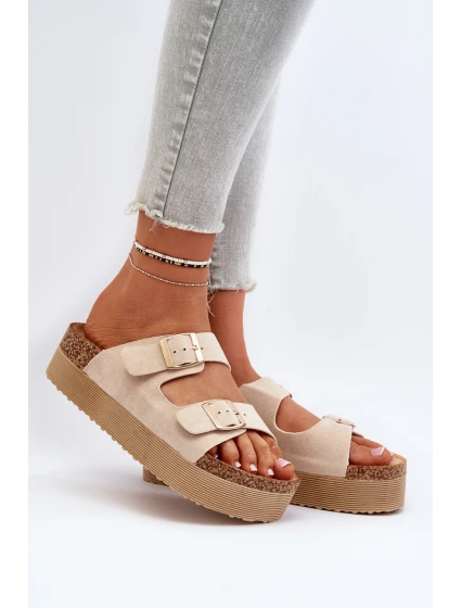 Damskie Klapki Na Platformie Z Klamrami Beżowe Lolpey