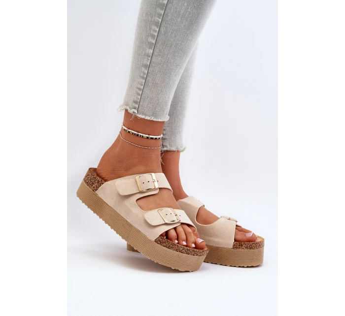 Damskie Klapki Na Platformie Z Klamrami Beżowe Lolpey