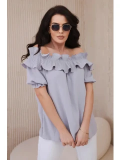 Španielska blúzka s ozdobným volánom sivá
