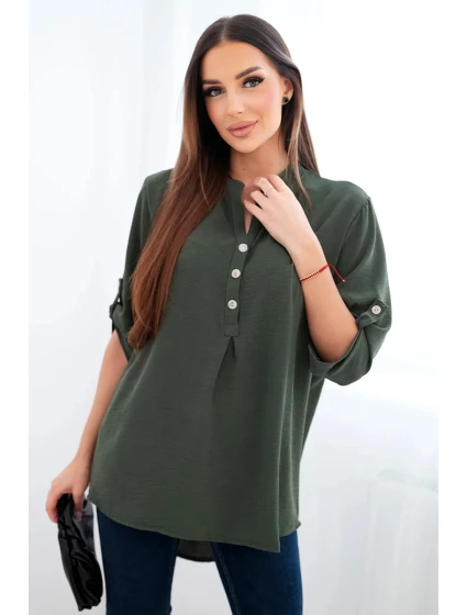 Blúzka s dlhším zadným dielom tmavej khaki farby