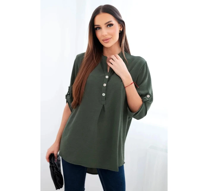 Blúzka s dlhším zadným dielom tmavej khaki farby