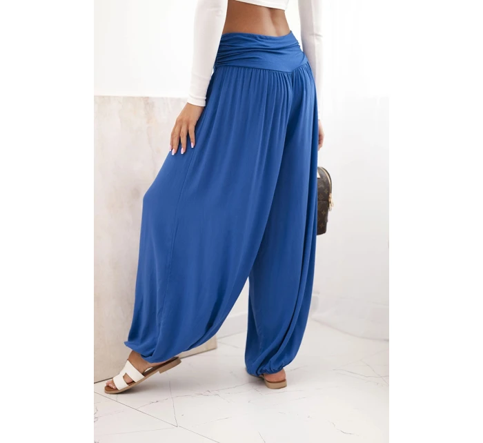 Dámské viskózové kalhoty s širokými nohavicemi a volánky chrpově modrá