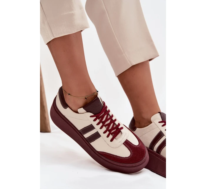 Skórzane Sneakersy Damskie Na Platformie Zazoo 3775 Beżowo-Bordowe