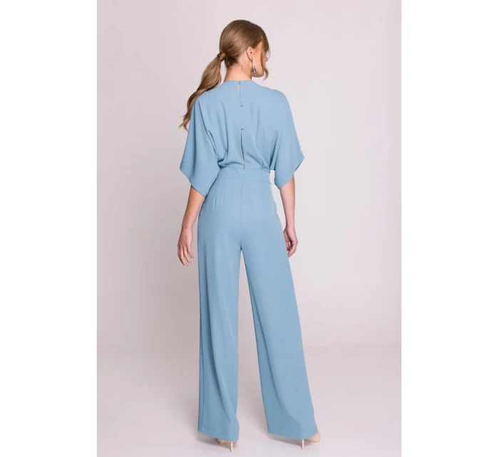 Kombinéza s širokými nohavicemi a výstřihem nebesky modrá model 20966157 - STYLOVE Kombinéza s širokými nohavicemi a výstřihem nebesky modrá model 20966157 - STYLOVE