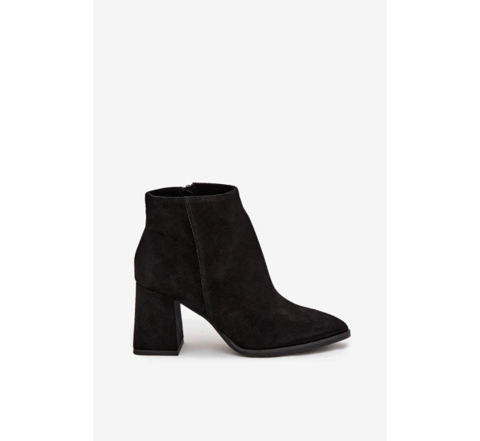Botki Z Naturalnego Zamszu Obcas Słupek Ocieplane Czarne Zazoo 3128