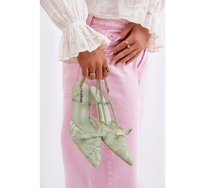 Krajkové dámské sandály na podpatku s mašlí zelené Maribelle