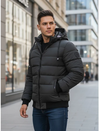 Pánská prošívaná zimní bunda s kapucí tmavě šedá Dstreet model 21993623 - FashionStreet