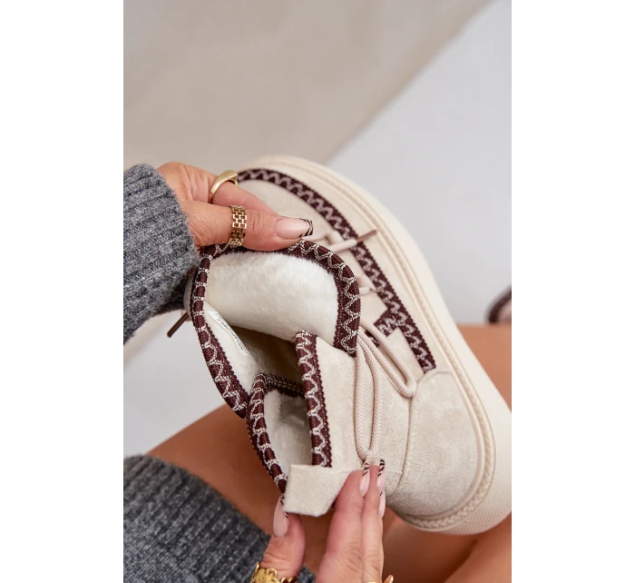 Śniegowce Damskie Z Haftem Na Platformie Jasnobeżowe Naleris