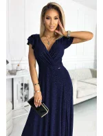 CRYSTAL Tmavě modré lesklé dlouhé dámské šaty s výstřihem model 18266603 - numoco CRYSTAL Tmavě modré lesklé dlouhé dámské šaty s výstřihem model 18266603 - numoco