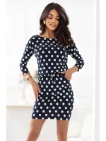 13-167 Športové šaty s viazaním a vreckami - tmavomodré s bielymi bodkami
