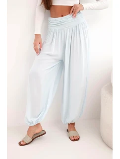 Dámske nohavice z viskózy so širokými nohavicami a volánom modré