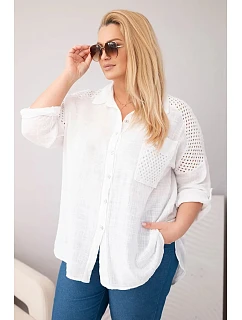 Dámská viskózová košile Plus Size s límečkem a krajkovou vsadkou bílá