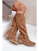 Zamszowe Kozaki Na Niskim Obcasie Z Cholewką Przed Kolano Zazoo 3444/O Camel