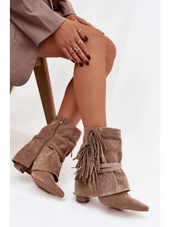 Dámské kotníkové boty na jehlovém podpatku s třásněmi a zlatými přezkami béžové Evelisse