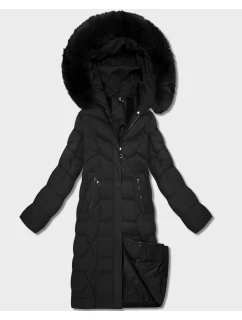 Dámska dlhá čierna bunda s kapucňou (7665#-F06)