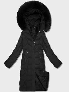 Dámska dlhá bunda s kapucňou čierna (7665#-F06)