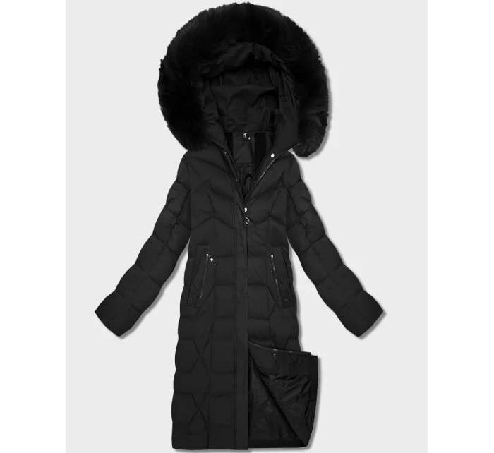 Dlouhá černá dámská bunda s kapucí model 21799993 - ROSSE LINE Dlouhá černá dámská bunda s kapucí model 21799993 - ROSSE LINE