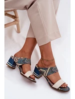 Kožené vzorované dámské sandály na podpatku Maciejka K7522-04 Béžovo-modré