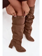 Dámske zateplené čižmy na podpätku Zazoo - svetlohnedé, pravý semiš